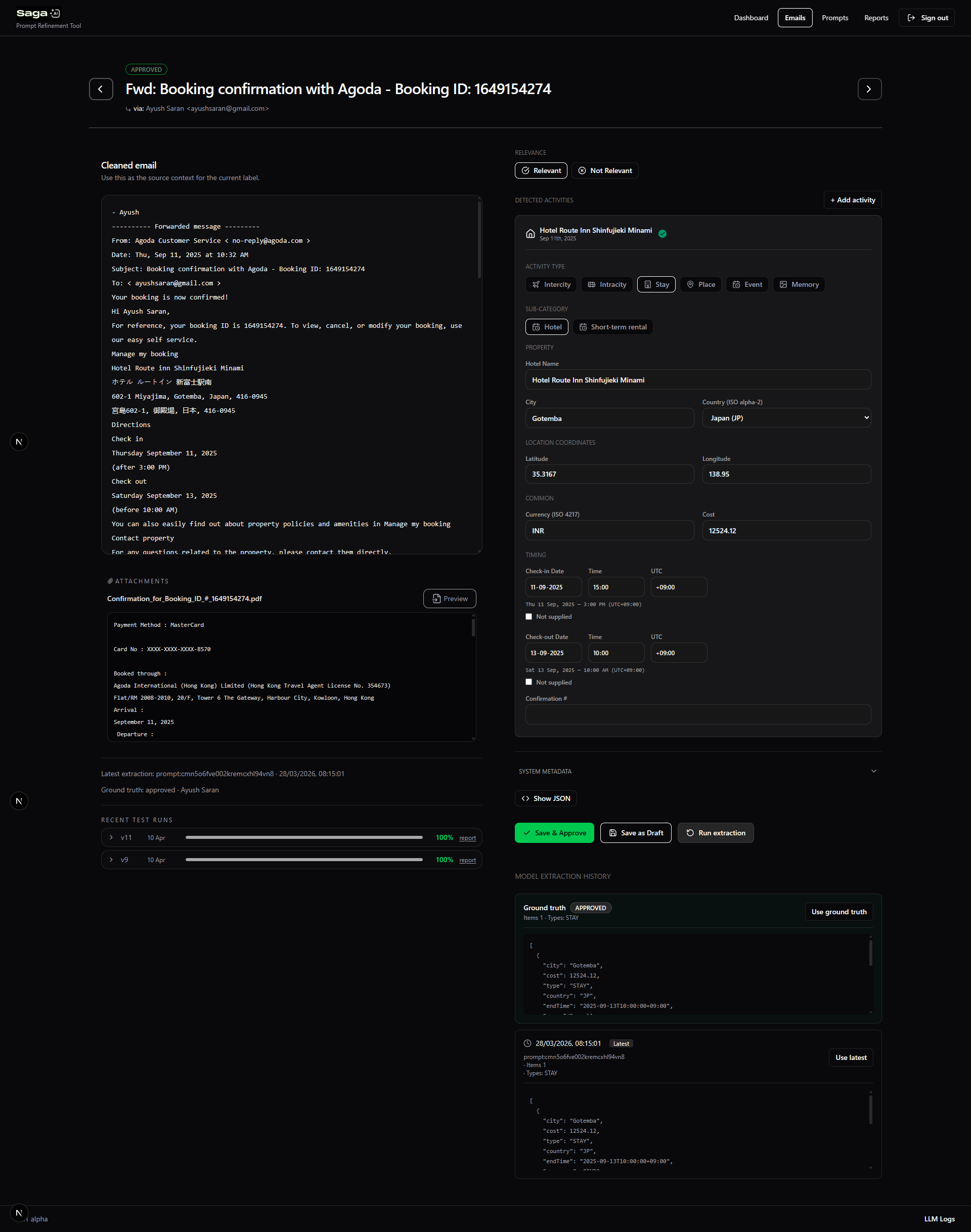 Ground truth labeling interface showing an email with structured fields to fill in such as travel relevance, dates, location, and provider.