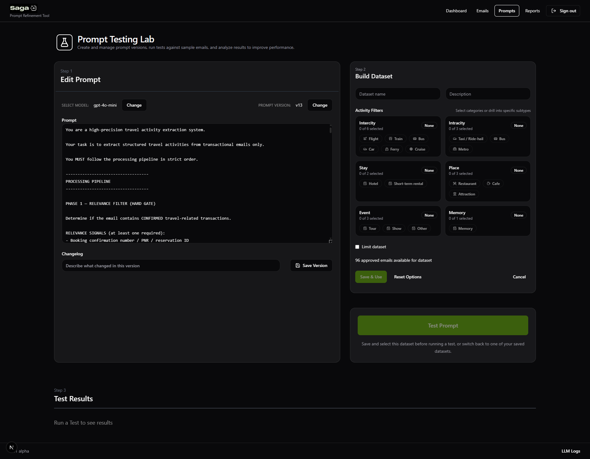 Dataset selector showing available email samples grouped by provider for targeted prompt testing.