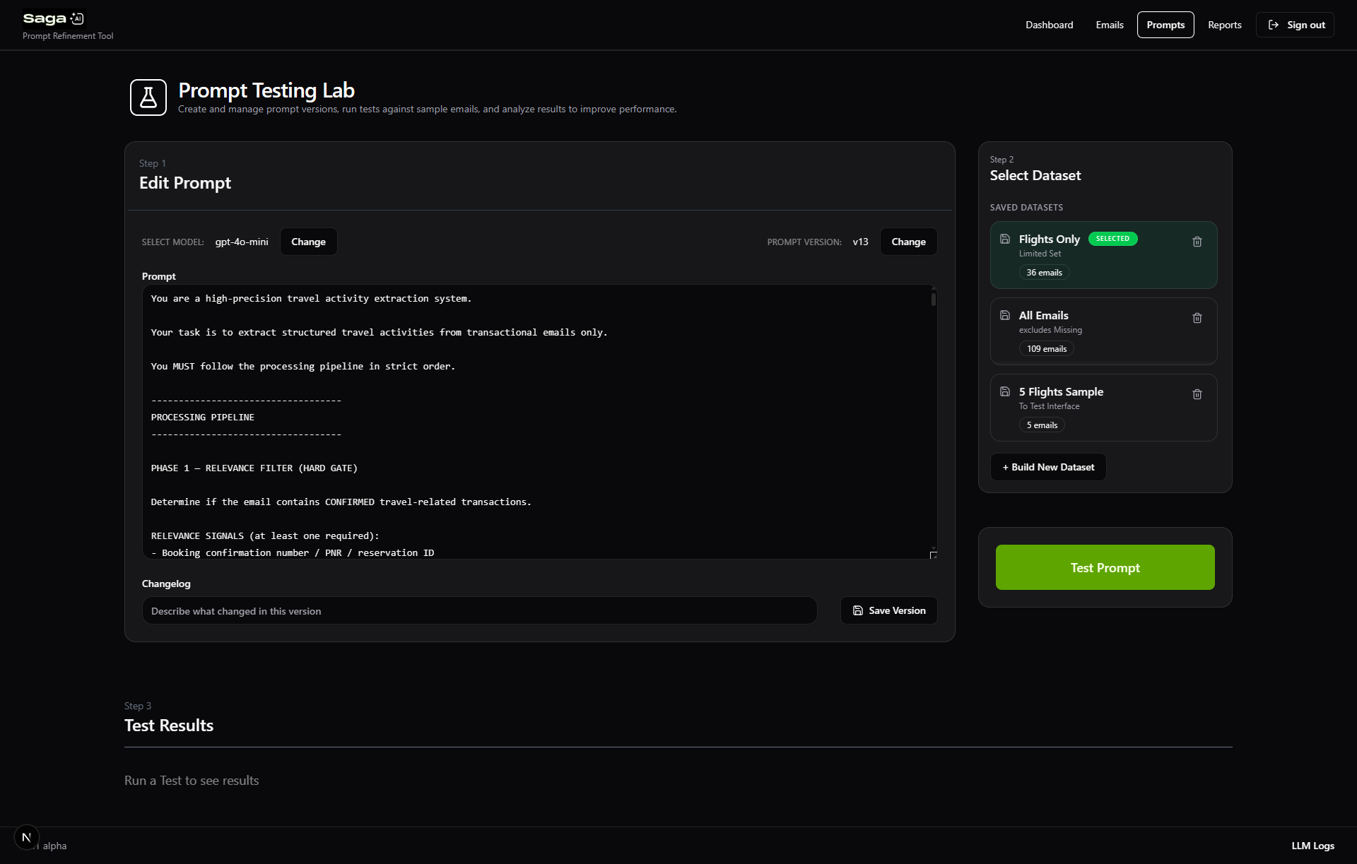 Prompt editing interface where prompts can be written, saved, and run against selected email datasets.